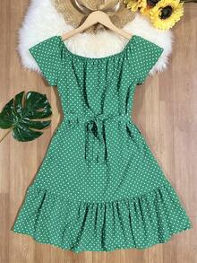 Floral Polka Dots With Belt Ruffle Hem Beach Women's Fashion - Green - View 1