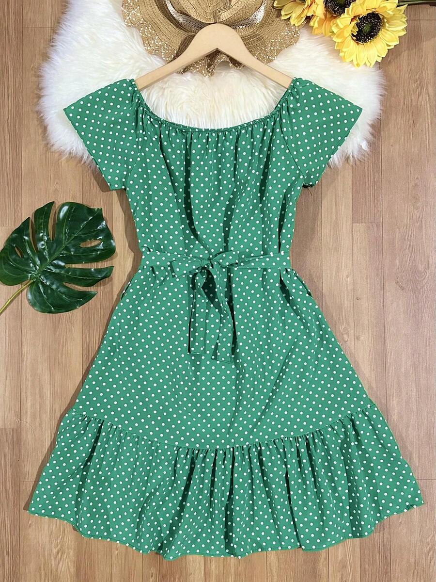 Floral Polka Dots With Belt Ruffle Hem Beach Women's Fashion - Green - View 1