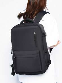 背包男女通用旅行包大容量夏季度假包，多隔层可容纳鞋子，带 USB 端口的多功能包，适合商务旅行、旅行、露营、笔记本电脑包，实用尼龙纯色简约时尚书包 - 黑色 - 查看 7