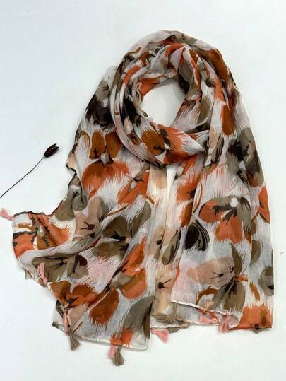 1pc Flora Printed Women Scarf, Lightweight & Breathable Tassel Shawl, Elegant & Fashionable Design Ladies' Silk Scarf, Versatile For Spring/Summer Outdoor Sun Protection, Beach Wrap, Headscarf For Dress