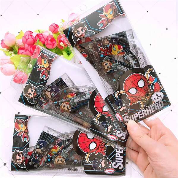 Disney Marvel Spider-Man Halloween Creative Cartoon Set Ruler Spider-Man Student Learning Stationery Straight Ruler Triangle Plate Protractor Four-Piece Set Ruler