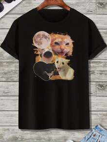 Men's Funny Cat Shouting Graphic T-Shirt - Viral Cartoon Print Retro Style Round Neck Short Sleeve Tee, Breathable Summer Casual Top For Daily Wear & Gifts, Cat Tshirt, Gift Idea Shirt, Comfortable Fit Shirt - 黑色 - 查看 2
