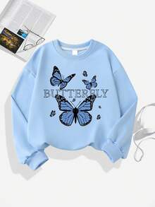 1pc Girls Butterfly Pattern Crew Neck Sweatshirt, Comfortable And Breathable, Suitable For Spring And Autumn Outdoor Activities, Personalized And Fashionable - Blue - View 2