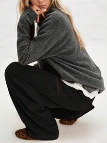 Women's Casual Cylinder Pants Wide Leg Casual Drawstring Sweatpants With Pockets - Black - View 4
