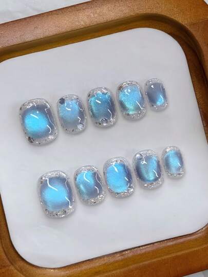 10 Peças de Unhas Postiças Transparentes Azuis com Efeito Olho de Gato, Cintilantes e Brilhantes, Adequadas para Uso Diário, Exquisitas e Fofas, Curtas e Destacáveis, Ideais para Senhoras, Meninas e Entusiastas de Arte de Unhas DIY