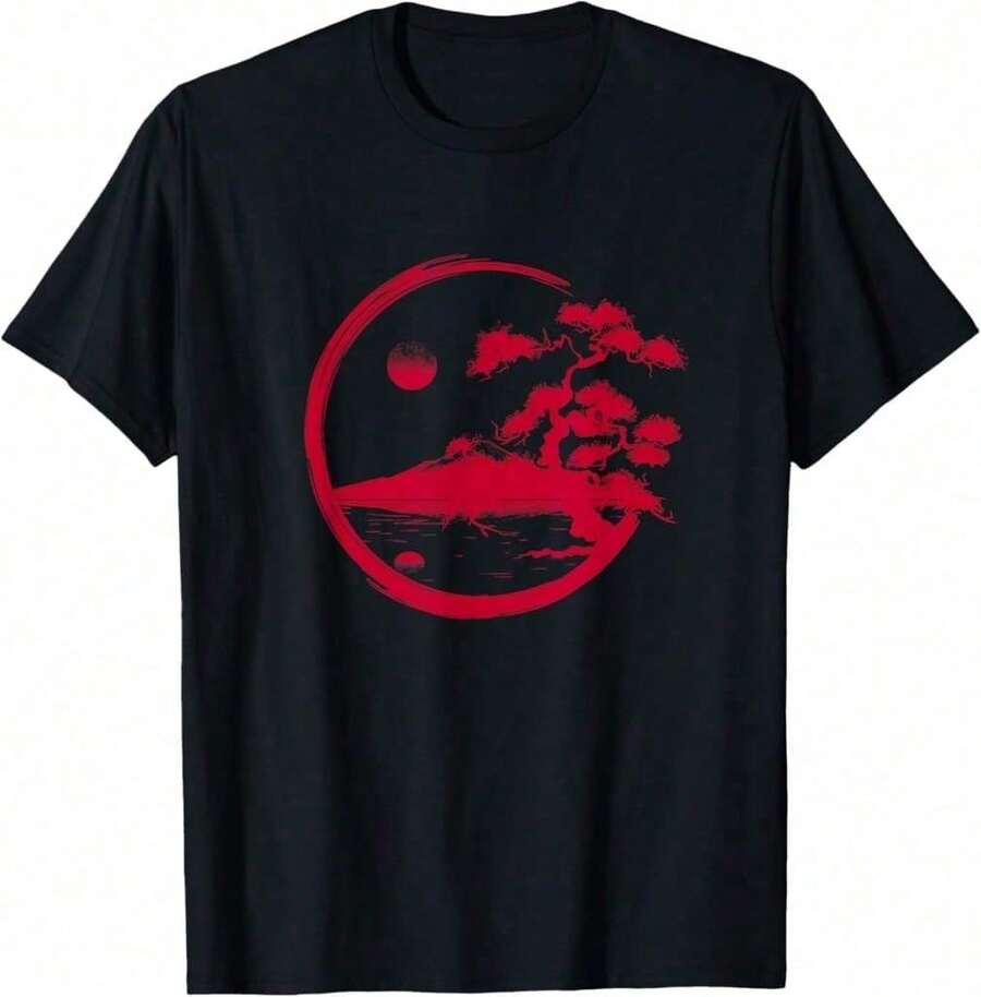 Red Japanese Bonsai Tree & Mount Vintage Art T-Shirt Gift For Dad Funny Gift For Coworkers Thanksgiving Gift For Hostess - Black - View 1