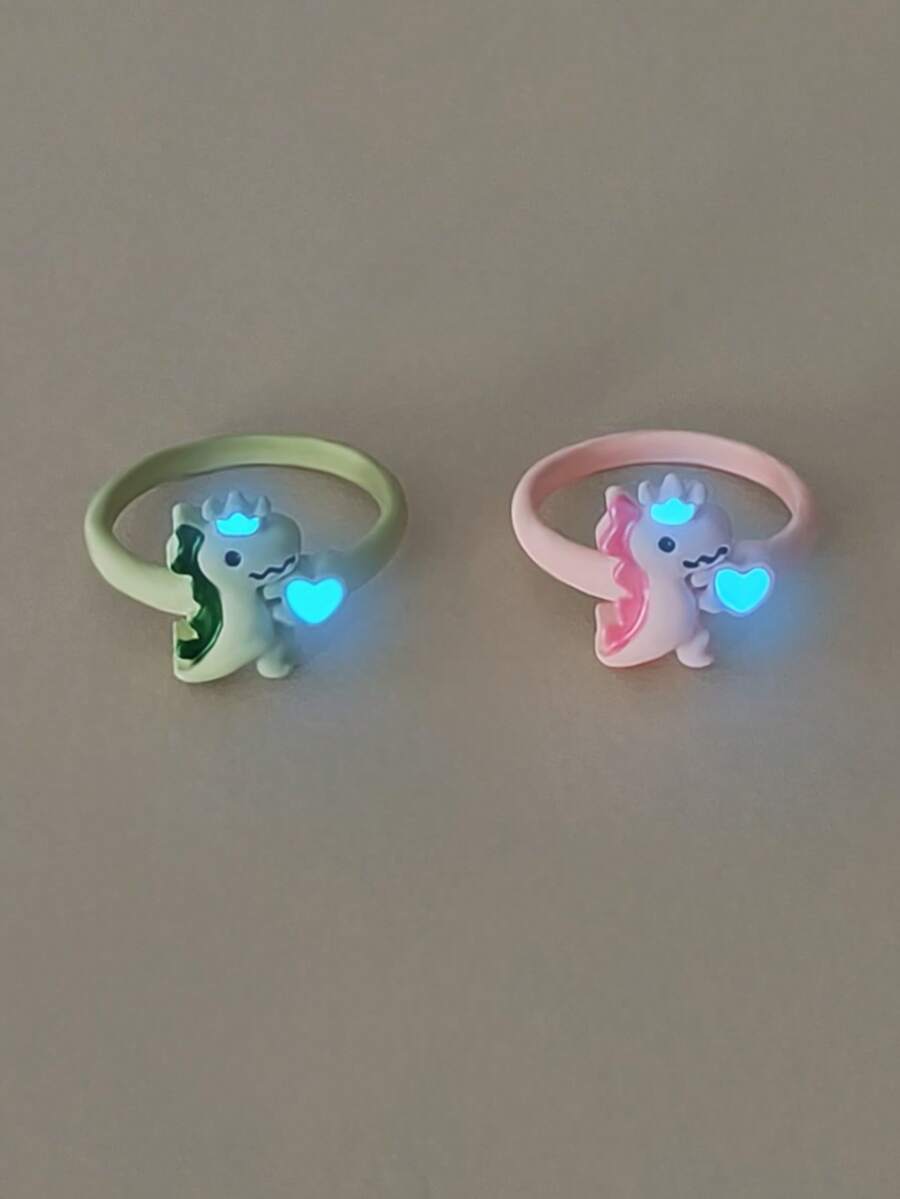 ATLVXJL 2pcs/Set Glow-In-The-Dark Couple/Friendship Crown, Heart, Dinosaur Shaped Alloy Ring Set, Casual Couple Jewelry Suitable For Daily Wear And Valentine's Day Gift - Multicolor - View 1