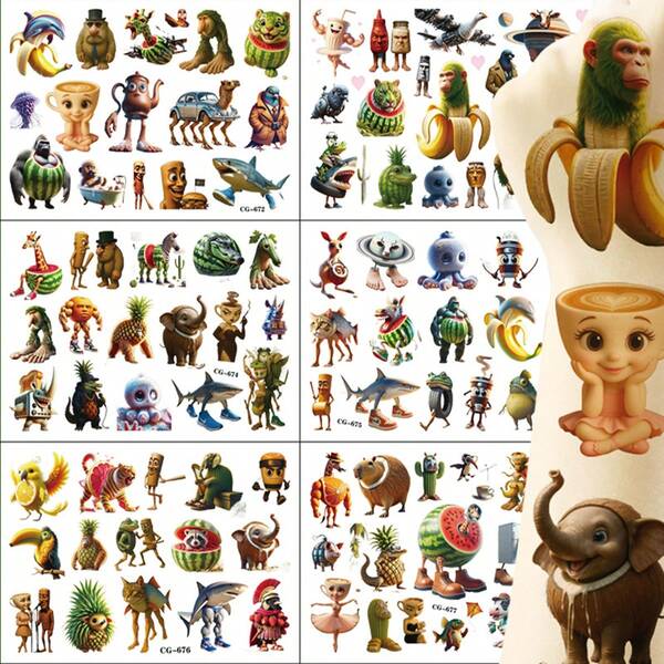 6Pcs Italian Brainrot Cartoon Kawaii Party Supplies Temporary Tattoo Stickers Tung Tung Tung Sahur Tralalero Tralala Bombardiro Crocodilo Lirili Larila Glorbo Frutto Drillo Waterproof Body Art Sticker Gift Decoration Accessories
