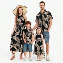 PatPat Family Matching Solid Leaf Sleeveless Halter Dresses And Short Sleeve Tops - 黑色 - 查看 9