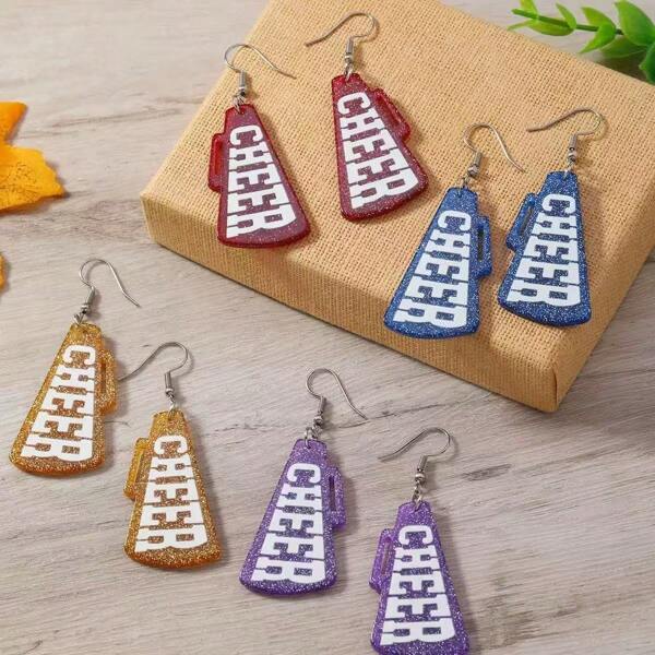 1 Pair Of Fashion Acrylic Horn-Shaped "CHEER" Letter Pattern Earrings