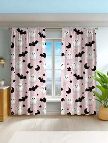 2pcs Halloween Ghost & Bat Pattern Curtains, Lightweight Polyester Semi-Sheer Privacy Curtains For Bedroom, Living Room, Office, Study, Home Decor, Autumn - Multicolor - View 3