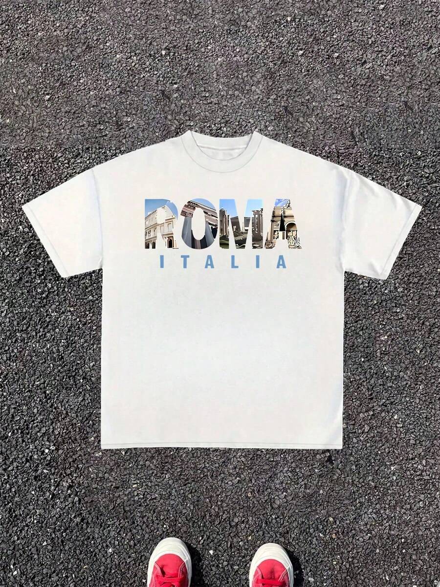 Camiseta de viaje informal para mujer, con estampado gráfico de Roma, Italia, 220 g, 100 % algodón, 1 unidad