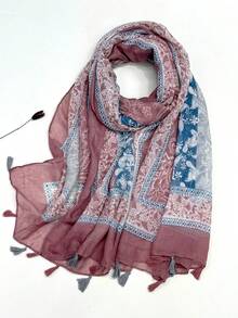 Lenço leve estampado com franjas, design elegante, xale feminino, respirável, para proteção solar na praia, versátil para a cabeça, ideal para primavera/verão. - Rosa Empoeirado - Ver 1