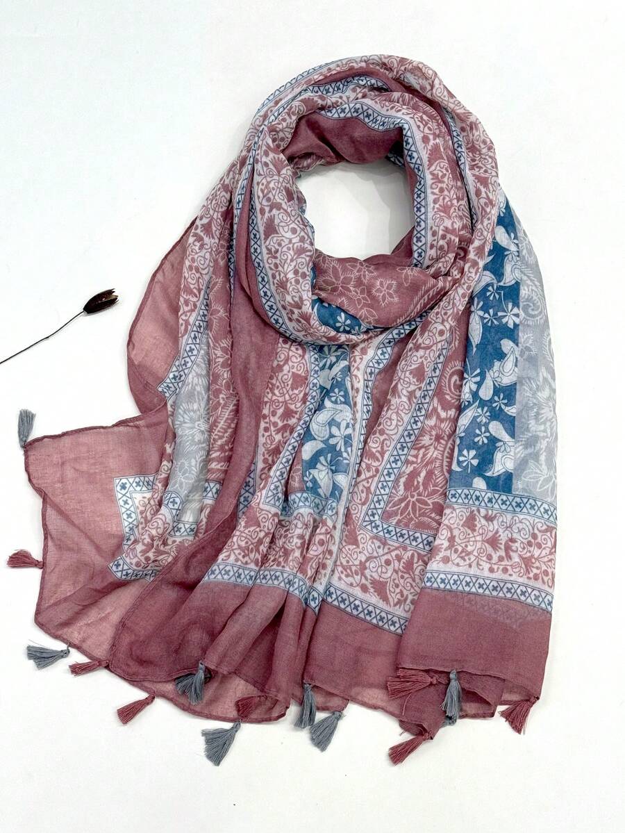 Lenço leve estampado com franjas, design elegante, xale feminino, respirável, para proteção solar na praia, versátil para a cabeça, ideal para primavera/verão. - Rosa Empoeirado - Ver 1