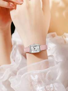 LUCKYFOX 1 件女士优雅简约罗马数字方形表盘皮革表带石英手表，适合日常生活和返校