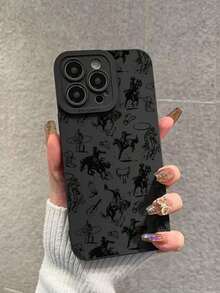 1pc Camera Protection Thickened Anti-Fall Western Cowboy Print Phone Case, Compatible With Apple &  Series - 黑色 - 查看 2