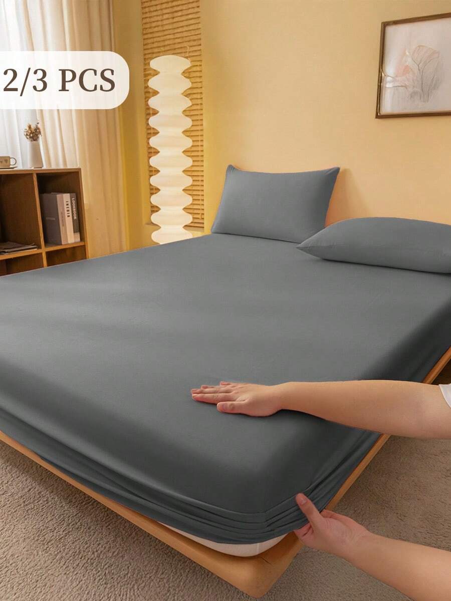 2/3 Pcs Fitted Sheet Set, Bedding, Solid Color Bed Sheet Set, Halloween Decor, Fall Decor, Christmas Decoration, Soft And Comfortable Bedding, Skin-Friendly Bed Cover Set, Room Decor For All Season, Halloween Gift, Mattress Protector For Bedroom, Fits For Single, Twin, Full, Queen And King Size Bed, 1 Fitted Sheet And 1/2 Pillowcases, Machine Washable