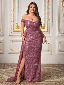 CHOSMO Plus Size New Style Shiny Solid Color Elegant Beaded Split Hem Women's Dress, Suitable For Wedding Photography, Party, Anniversary, Formal Evening Gala, Wedding Guest, Stage Performance, Cocktail Party, Halloween Costumes