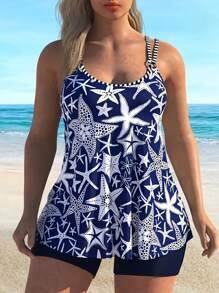 HKGFF-New Women'S Plus Size Tankini Set Two Piece Blue Starfish Printed Conservative Backless Shorts Style Beachwear Swimsuit Gift