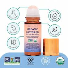 Organic Gold Castor Oil Roll-On With Rose Quartz | 100% Natural, Less Mess Castor Oil Pack For Skin, Eyebrows, Eyelashes And Hair | Hexane Free | Cold Pressed [50 Ml (1.7 Oz)]