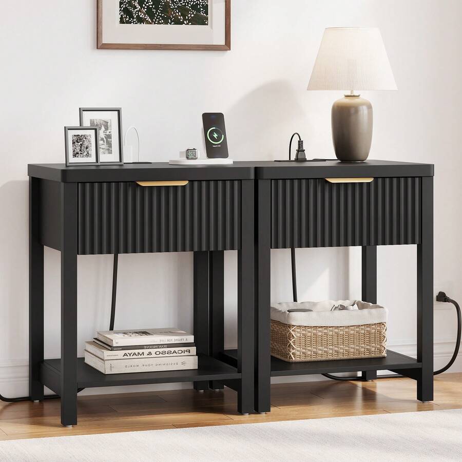 GIKPAL Fluted Nightstand With Charging Station Set Of 2 - Boho Bedside Table For Bedroom, Drawer + Open Shelf, White Modern Night Stand With USB/Type-C Ports, Black - Xem 1
