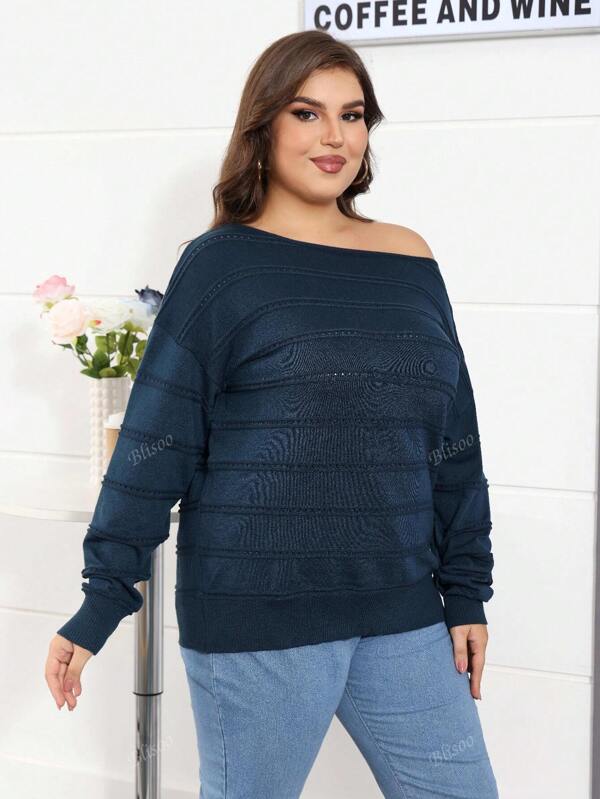 Bootsausschnitt Off-Shoulder Pullover, eleganter einfarbiger langärmliger gestrickter Oberteil, Frühling/Herbst, Damenbekleidung