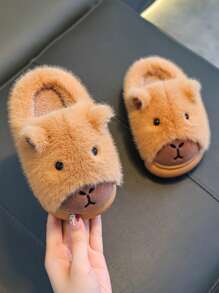 1 双儿童水豚毛绒拖鞋，包头室内家居鞋，秋冬保暖，男孩/女孩适用