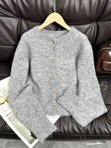 Wixra Soft Solid Color Round Neck Sweater Cardigan, Loose And Cozy Knit