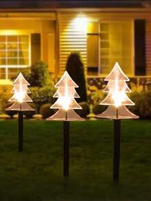 1 Pack Of 5 Solar Powered LED Christmas Tree Path Lights - Warm White, 5-Pointed Star/Snowflake Design, Outdoor Waterproof Holiday Decor, Auto Solar Charging During Day, Auto Lighting At Night, Ground Lighting, Easy Installation, No Wires Needed, Ideal For Winter Parties, Home, Pathways, Gardens, Walkways, Patios, Planters, Sidewalks, Christmas, Holidays, New Year, And Lawn Ambiance Lighting