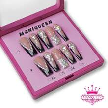 10PS Reusable Handcrafted Wearable Armor Long Coffin French Fake Nails Full Drill Glitter Art Acrylic False Nails Tips Ballerina Black Press On Nails For Women And Girls - màu đen - Xem 2
