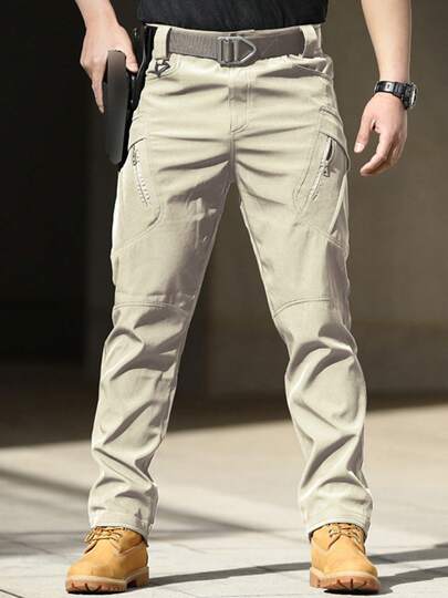 Pantalones tácticos multibolsillos para hombre están hechos de tela duradera y resistente al agua y cuentan con bolsillos laterales y cremalleras.