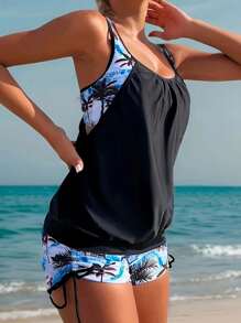 HKGFF-New Women's Tankini Two-Piece Fashionable And Conservative Sky Blue Coconut Tree Print Pleated Lace Up Shorts Beach Swimsuit Gift