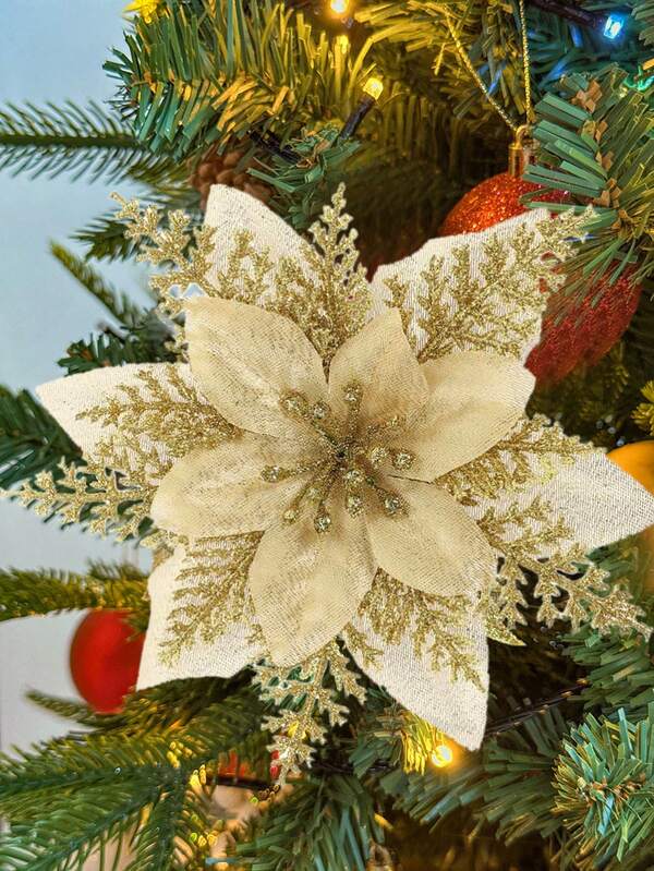 20 piezas/10 piezas/1 pieza Decoraciones de árbol de Navidad, flores artificiales, decoraciones de árbol de Navidad con flores de Pascua artificial lindas y con brillo, flores de Navidad, flores de Pascua, flores de Navidad artificiales con brillo, flores artificiales, coronas DIY, decoración del hogar, decoración de boda y fiesta, decoraciones para fiestas navideñas y de temporada, decoraciones de árbol de Navidad, decoración de arbustos de invierno con brillo (dorado)