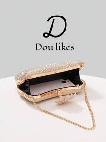 1pc New Luxury Chain Strap Rhinestone Embellished Clutch Bag, Floral Design Handbag, Beaded Evening Purse, Suitable For Women, Especially For Formal Occasions Like Gala, Wedding, Party, Also Can Be A Great Gift For Her