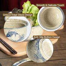 Ceramic Ramen Bowl Set Of 2, Ramen Noodle Bowl With Lid 27oz Japanese Retro Style Soup, Pho, Udon Bowls, Matching Spoons And Chopsticks Microwave & Dishwasher Safe, Fish-Cb - 魚 - 查看 6
