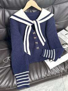 Navy Collar Bow Knit Cardigan, Versatile School Style Sweater