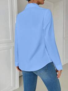 Camisa informal de manga larga ajustada para mujer, diseño de cuello alto, con bolsillos laterales dobles, adecuada para oficina, ocio y uso diario - Azul - Ver 2
