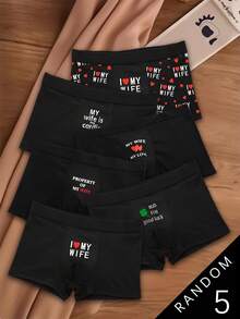 5 Pcs Of Random Men's Black Boxer Briefs, I Love My Wife Letters Print, Gifts For Boyfriend And Husband,Breathable Underwear, Daily Wear, Valentine's Day Gift, Halloween, Christmas