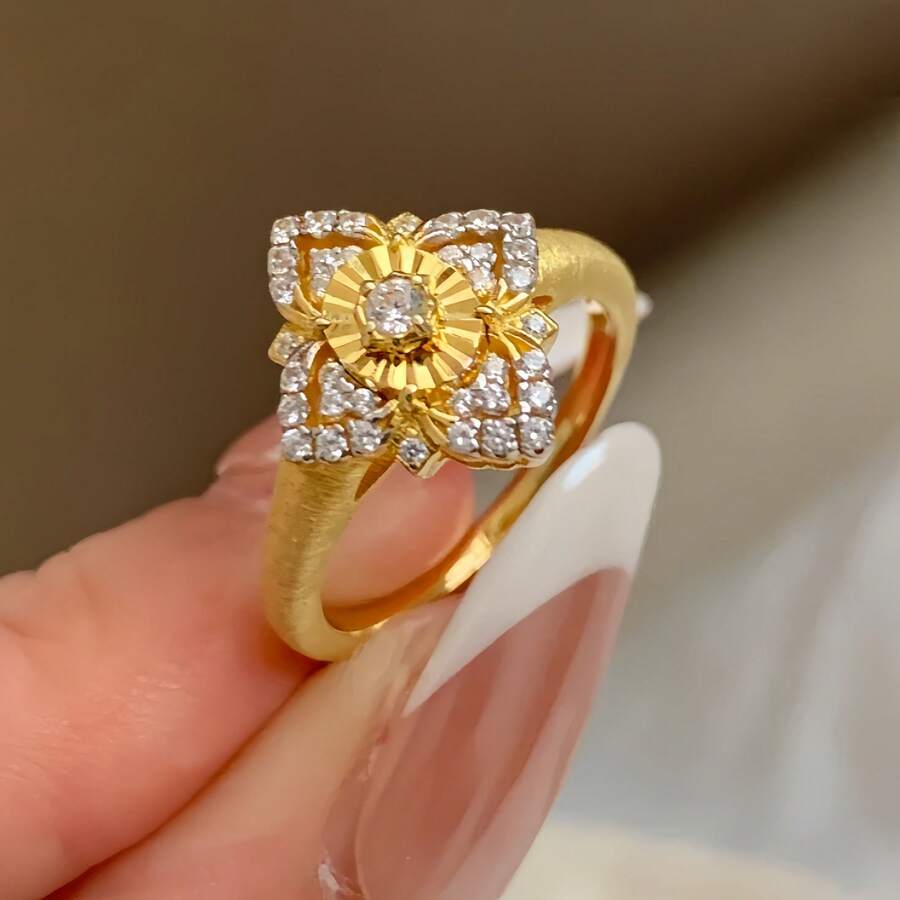 18K镀金复古可调节奢华四叶草戒指，女款，法式宫廷风格 - 金色 - 查看 1