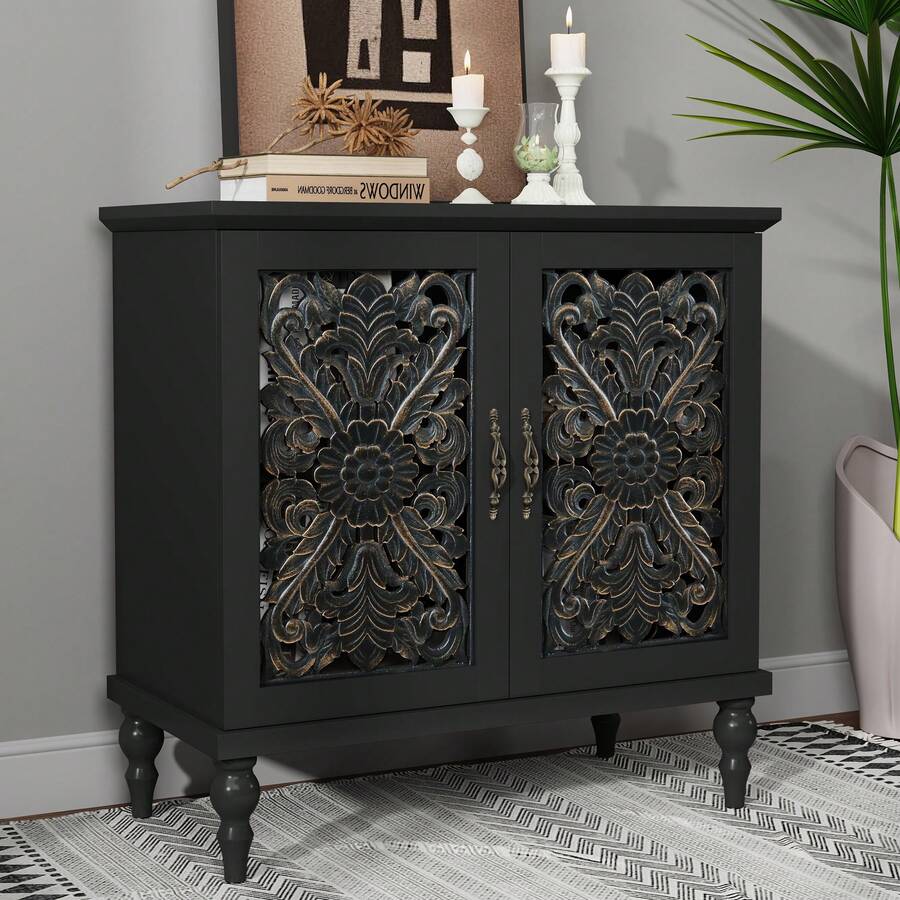 31.5"W Mid Century Vintage Sideboards Buffets Cabinet With 2 Doors Storage For Kitchen Dining, Black - Black - View 1