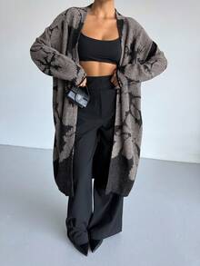 Patterned Long Women's Knitted Cardigan, Floral All-Over Print Patchwork Beach Wear - Dark Grey - View 4