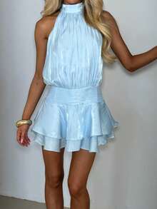 Vestido corto de verano sin mangas con cuello alto y dobladillo con volantes para mujer, corte A, para fiesta - Azul - Ver 1