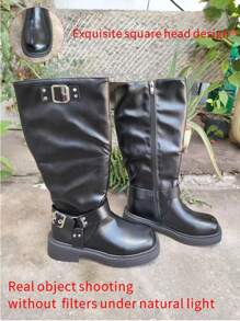 planare Perfect With Sweater Style With Black Dress,Women's Fashion Casual Side Zipper Buckle Biker Boots, Black Rubber Shoes, Thick Heeled Western Style Booties For Fall And Winter,Party