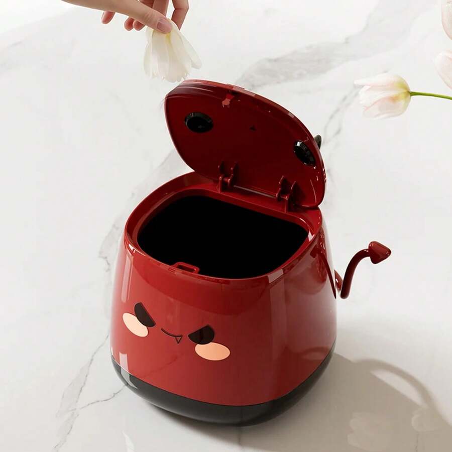 1 Pack, Desktop Small Trash Can Press Open Lid Paper Basket, Cute Little Devil Shape, Office Bedroom Living Room - Đỏ - Xem 1