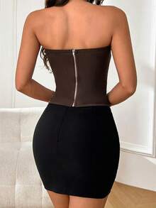 WOWDARK 女士夏季纯色无肩带网纱腰部休闲上衣，适合情人节、约会、聚会、派对、旅行、度假、海滩等场合。 - 棕色 - 查看 7