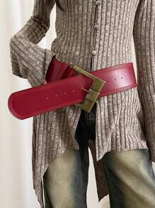 1pc Women's Burgundy Vintage Wide Buckle Leather Belt Fall, Autumn, Halloween