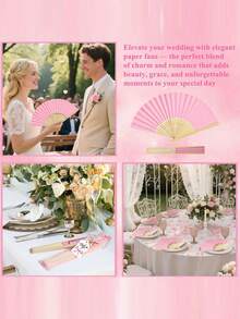 3-60支装精美折叠手扇套装，包含感谢卡和礼品袋，新娘竹扇，适合作为伴娘礼物和婚礼装饰，是派对、活动和夏季配饰的完美之选。 - 粉色 - 查看 2