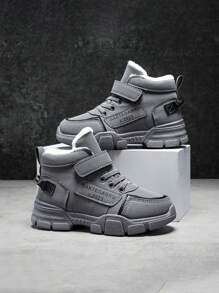 1 Pair Kids Winter Plush Lined Waterproof Snow Boots, Leather Surface, Hook And Loop Letter, Anti-Slip, Wear-Resistant High-Top Winter Shoes, Boys & Girls Winter Casual Letter Print Hook And Loop Plush Anti-Slip Snow Boots - Grey - View 6