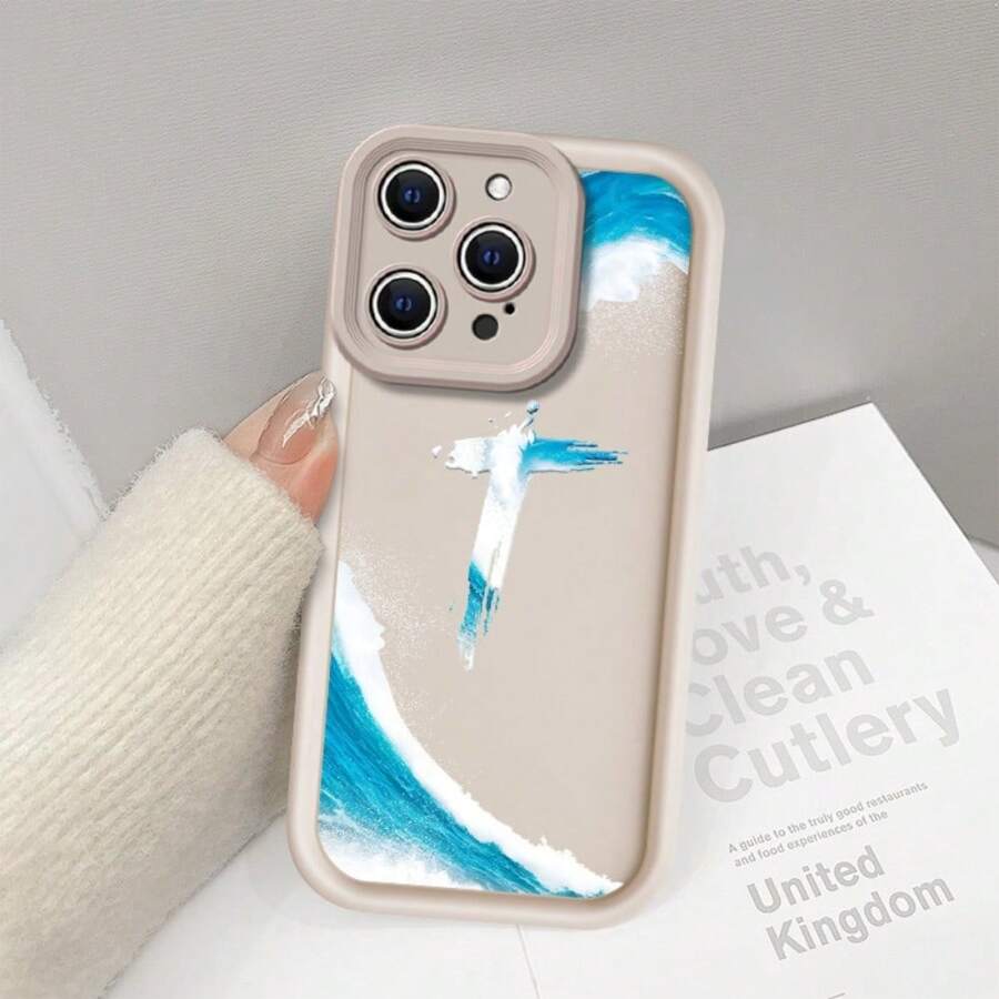 Designed For IPhone 16/15/14/13/12/11 Pro, This Case Brims With Dreamy And Romantic Allure. It Features A Cross Painted In Soft, Gradient Blue - White Hues, Along With Layered Blue Waves, Forming An Artistic, Sea - Inspired Pattern That Creates A  And Poetic Vibe. Crafted From Durable TPU, It's Scratch - Resistant And Slip - Proof, Providing Your Phone With A Shield Of Gentle, Ocean - Themed Warmth. Supports Wireless Charging, So It Balances Everyday Practicality With A Touch Of Delightfully Whimsical, Sea - Related Romance - Each Hold Feels Like A Gentle Embrace By The Sea, Merging Function And Charmingly Artistic, Ocean - Inspired Flair! - 白色 - 查看 1