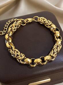 2pcs/1pc Vintage Interwoven Textured Link Design Chunky Chain Bracelet For Women - 18K Gold Plated Stainless Steel, Mom Gift Christmas Thanksgiving Halloween Wedding Rave/Prom/Party/Daily Accessories Gift For Anniversary Valentine's Day Boho Jewelry Birthday Bridesmaid Gifts - Multicolor - View 5
